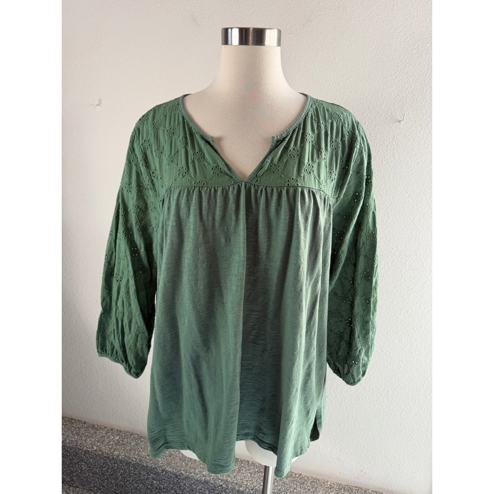 Weekend Suzanne Betro Womens Plus 1X Green Eyelet Embroidered Cotton Blouse Top
